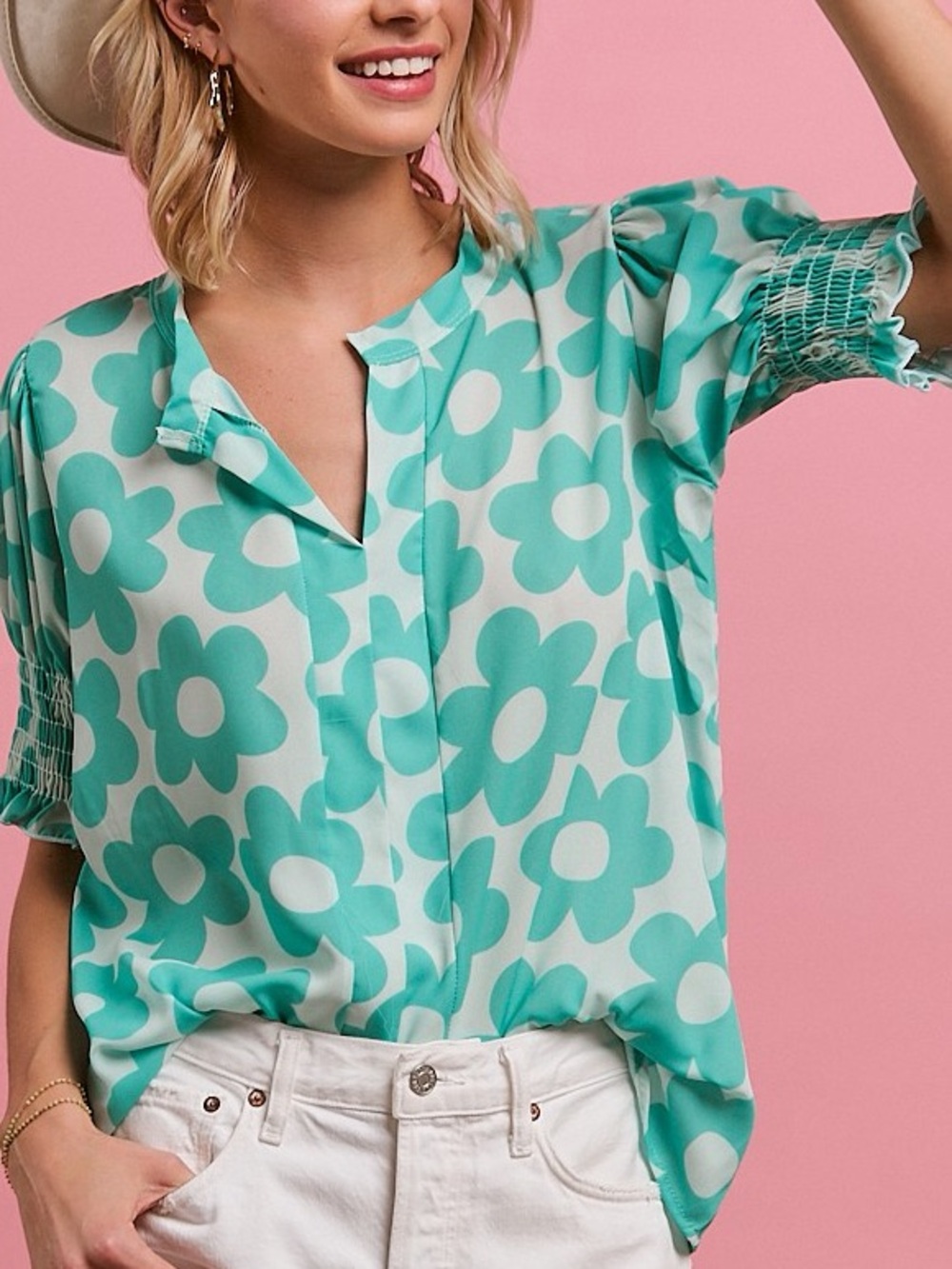 🩵Bibi Floral Printed Woven V-Neck Button Down top- Turquoise
